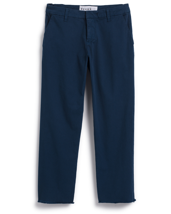 Frank & Eileen's Wicklow Pant in Deep Sea laid flat on a white background.
