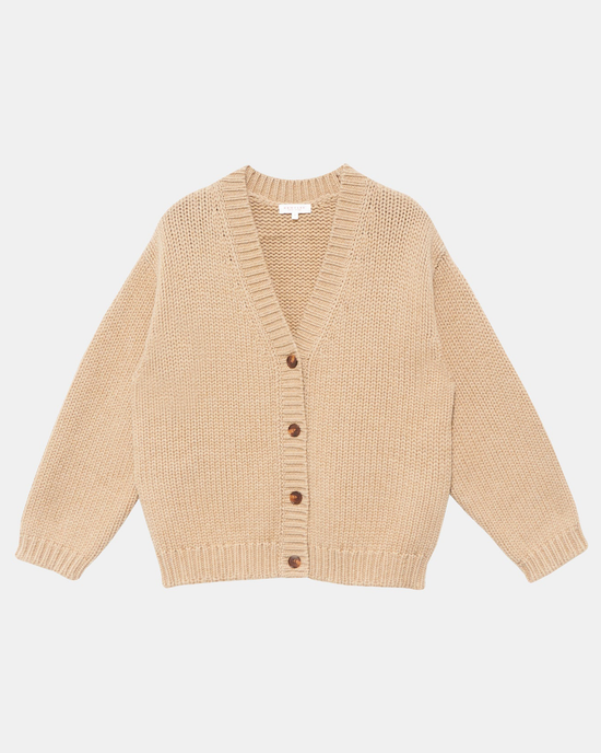 Inara Cardigan in Light Camel by Demylee, with horn button closures isolated on a white background.