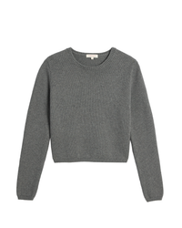 The Demylee Melina Cotton Cashmere Sweater in Dark Heather Grey, a soft-knit, long-sleeved crewneck pullover, is displayed laid flat against a white background.