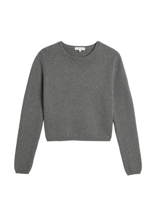 The Demylee Melina Cotton Cashmere Sweater in Dark Heather Grey, a soft-knit, long-sleeved crewneck pullover, is displayed laid flat against a white background.