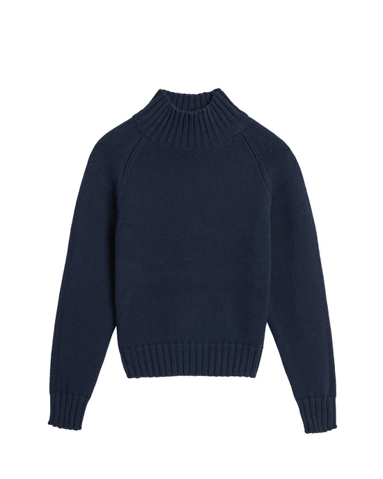 The Demylee Kaitlyn Cotton Cashmere Sweater in Navy features long sleeves, a thick ribbed funnelneck, cuffs, and waistband, shown laid flat on a white background.