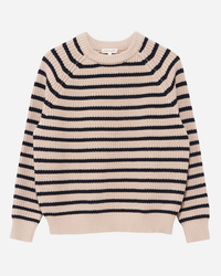 A Phoebe Stripe Sweater in Natural/Navy by Demylee with black and beige horizontal stripes on a white background.