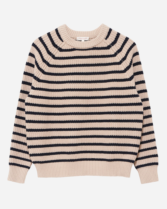 A Phoebe Stripe Sweater in Natural/Navy by Demylee with black and beige horizontal stripes on a white background.