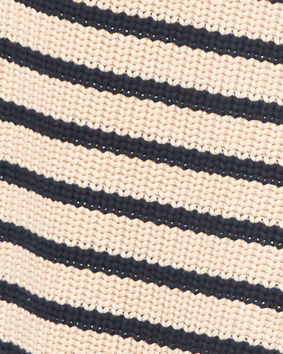 Close-up of a Demylee Phoebe Stripe Sweater in Natural/Navy.