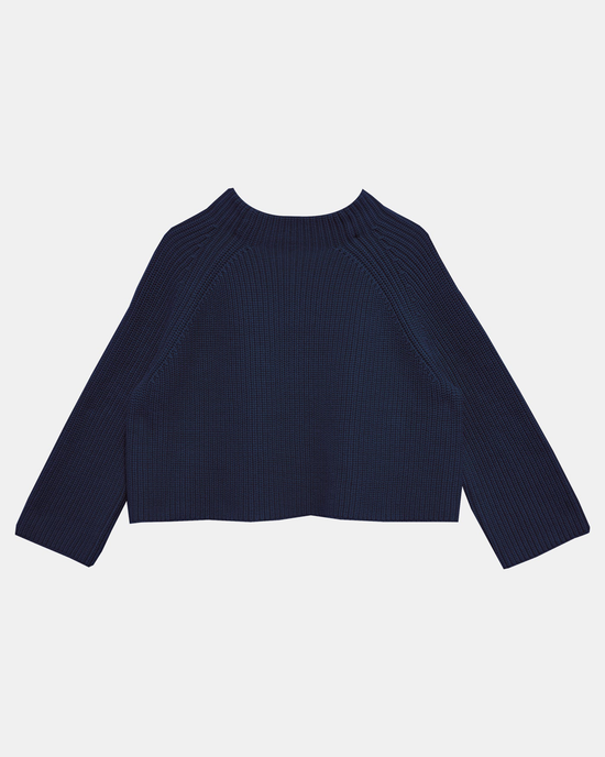 Navy blue ribbed knit Demylee Fenna Sweater with a cropped cut and long sleeves, crafted from organic cotton.
