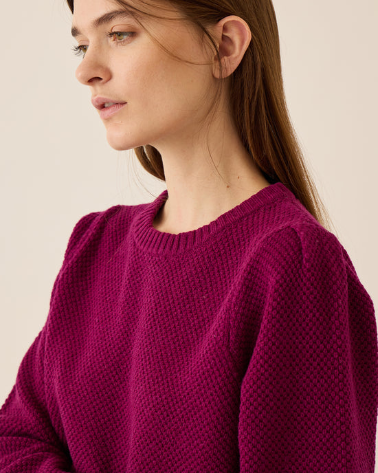 A woman with straight brown hair wears the Demylee Selly Seed Stitch Merino Wool Sweater in Radish, its textured long sleeves displayed as she gazes pensively to the left against a plain light background.