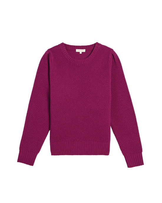 The Demylee Selly Seed Stitch Merino Wool Sweater in Radish is a long-sleeved, textured crewneck with ribbed cuffs and hem, shown laid flat on a white background.