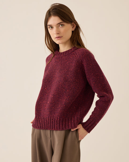 A woman with long brown hair wears the Demylee Emberly Speckled Wool Sweater in Aubergine and brown pants, standing with one hand in her pocket against a plain light background, looking slightly toward the camera.