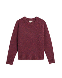 The Demylee Emberly Speckled Wool Sweater in Aubergine features long sleeves and a relaxed crew neckline, shown here laid flat on a white background.