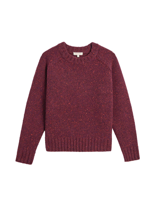 The Demylee Emberly Speckled Wool Sweater in Aubergine features long sleeves and a relaxed crew neckline, shown here laid flat on a white background.