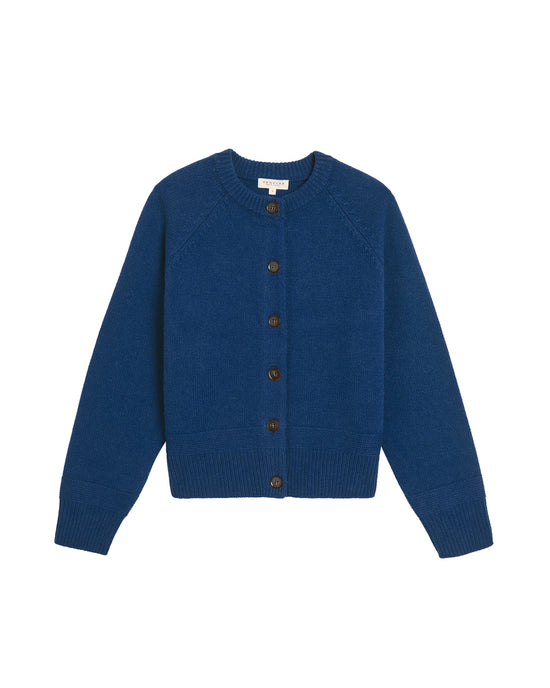 The Demylee Frances Merino Wool Cardigan in Sapphire features a blue crewneck, long sleeves, ribbed cuffs and hem, and brown front buttons, shown laid flat on a white background.