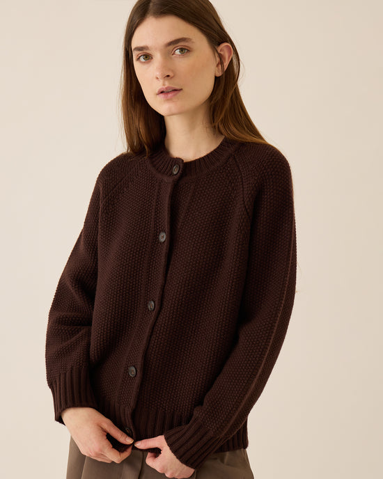 A woman with long brown hair wears the Demylee Davi Merino Wool Cardigan in Espresso and neutral pants, standing against a plain light background. She gazes slightly to the side with a relaxed expression.