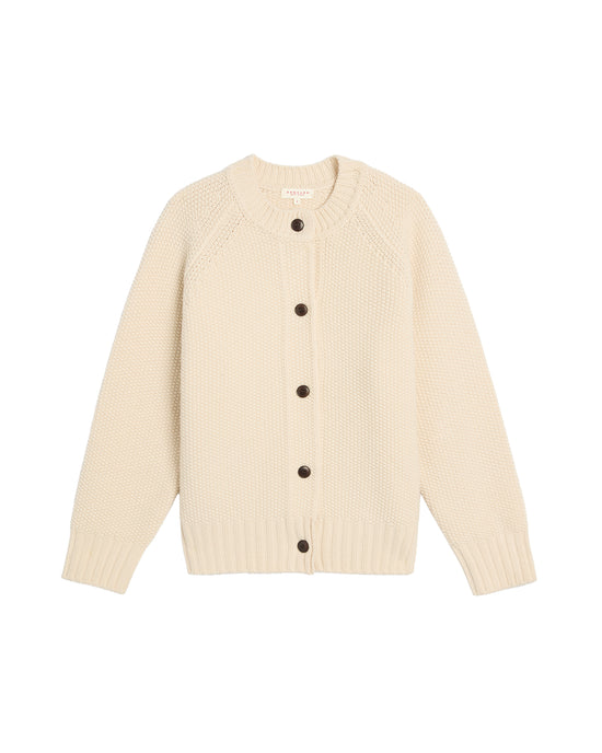 The Demylee Davi Merino Wool Cardigan in Off White features long sleeves, a round neckline, and five dark front buttons.