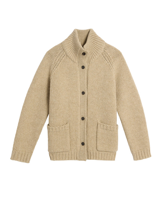 The Demylee Kamila Soft Chunky Wool Cardigan in Oatmeal features a ribbed shawl collar, long sleeves, front button closure, and two pockets—crafted from 100% wool for cozy comfort.