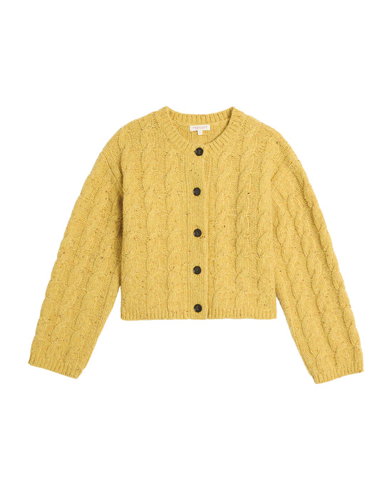 The Demylee Kinsley Speckled Wool Cardigan in Corn features long sleeves, a round neckline, cable knit design, and five dark front buttons.