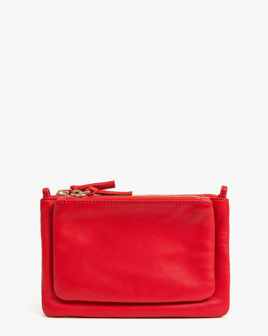 Clare V. Wallet Clutch Plus in Rouge Nappa leather pouch on a white background.