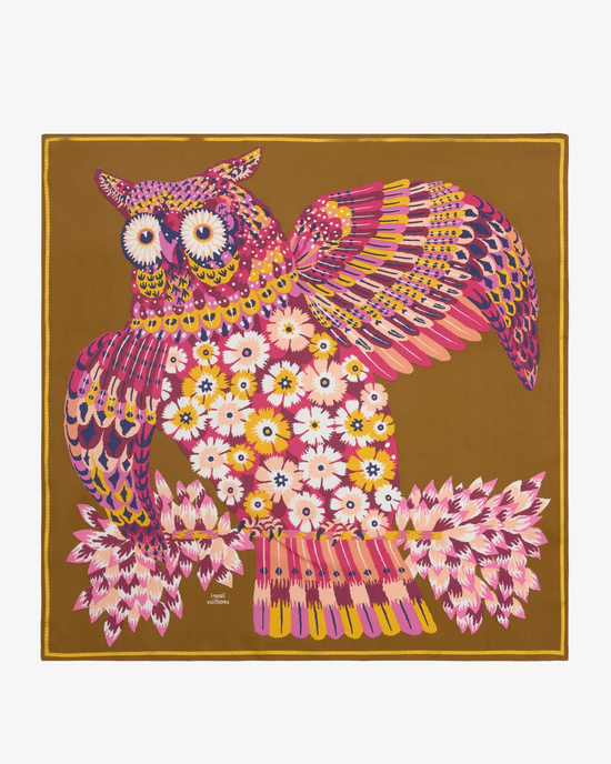 A colorful illustration of an owl with floral and patterned designs on a luxurious Inoui Editions Square / Carre 65 Hulule in Fuchsia bandana background.