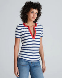 ASKK NY Classic Henley in Navy Thin Stripe 