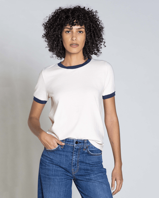 ASKK NY Classic Ringer Tee in Cream/Navy 