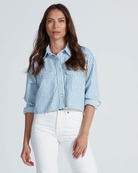 ASKK NY Denim Cropped Nantucket Shirt in Blue Stripe