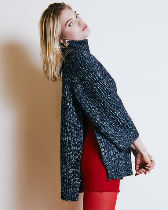 Autumn Cashmere 3/4 Sleeve Shaker Open Side Mock in Navy Multi 