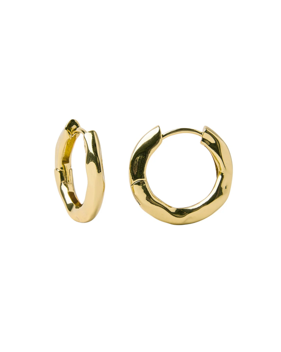 Pair of Machete Baby Wavy Hinge Hoops in Gold on a white background.