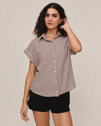 Bella Dahl Short Roll Sleeve Shirt in Brown Micro Gingham 1 - Bliss Boutiques