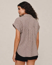 Bella Dahl Short Roll Sleeve Shirt in Brown Micro Gingham 3 - Bliss Boutiques