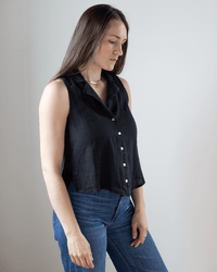 Bella Dahl Sleeveless Notch Collar Button Down in Black 