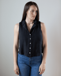 Bella Dahl Sleeveless Notch Collar Button Down in Black 