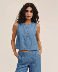 Bella Dahl Sleeveless Placket Pullover in Island Blue Wash 1 - Bliss Boutiques