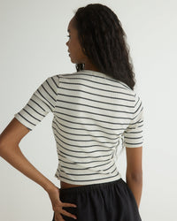 Bella Dahl V-Neck Short Sleeve Button Tee in Cannes Stripe 