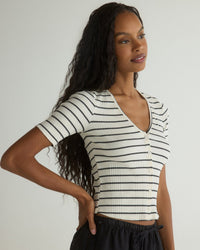 Bella Dahl V-Neck Short Sleeve Button Tee in Cannes Stripe 