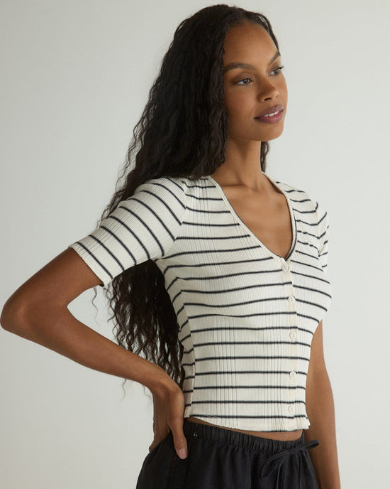 Bella Dahl V-Neck Short Sleeve Button Tee in Cannes Stripe 