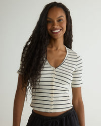 Bella Dahl V-Neck Short Sleeve Button Tee in Cannes Stripe 