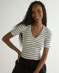 Bella Dahl V-Neck Short Sleeve Button Tee in Cannes Stripe 