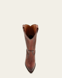 A single brown leather FRYE Billy Pull-On Boot in Cognac, inspired by FRYE's Western style, viewed from the top.
