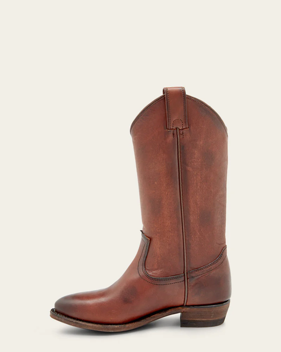 FRYE brown leather Billy Pull-On Boot in a Western-inspired style against a white background.