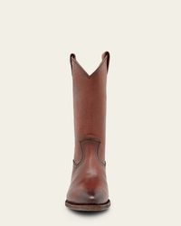 FRYE Billy Pull On in Cognac leather cowboy boot in a Western-inspired style on a white background.