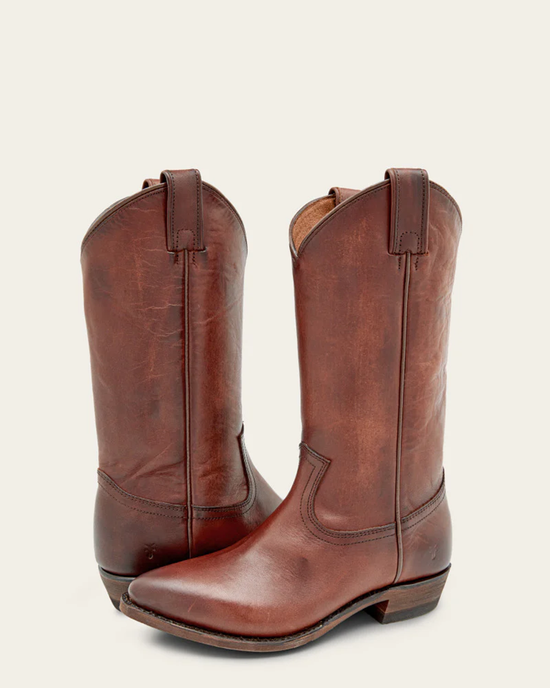 A pair of brown leather FRYE Billy Pull On cowboy boots featuring a Western-inspired style against a light background.