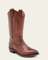 FRYE Billy Pull On in Cognac cowboy boot on a white background.
