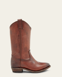 A single brown leather FRYE Billy Pull On cowboy boot in Cognac against a white background, embodying Western-inspired style.