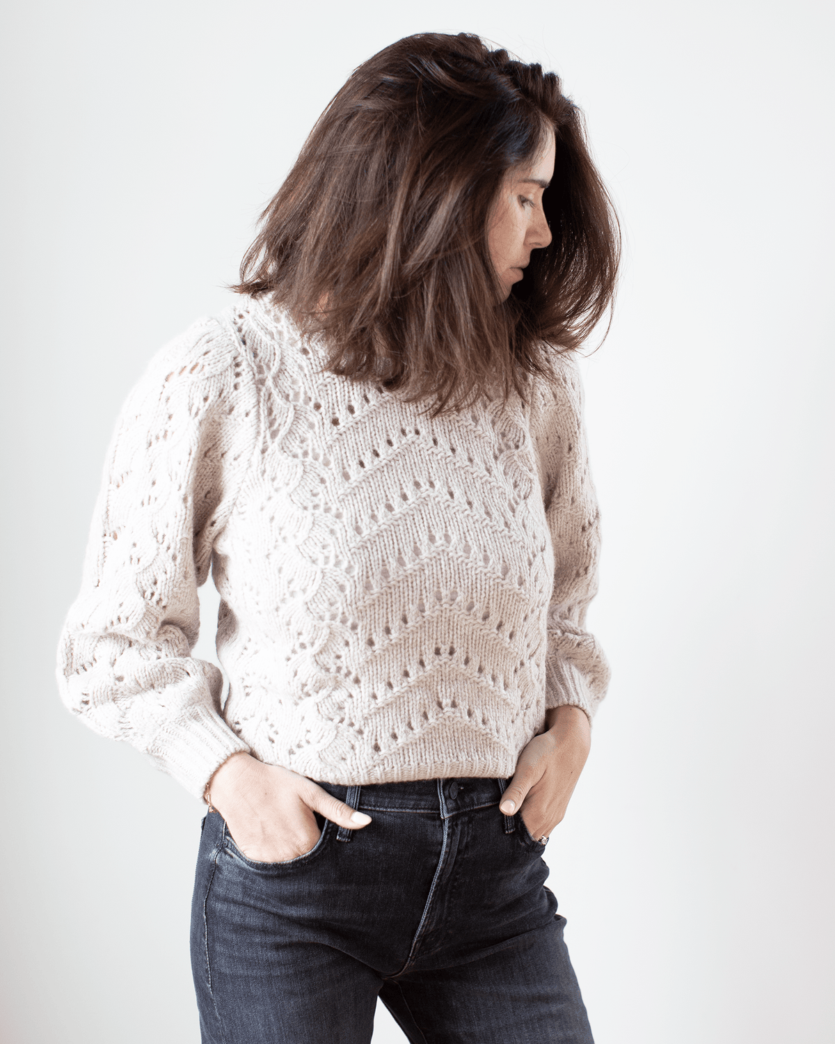 Autumn Cashmere Clothing Puff Sleeve Fancy Pointelle Crew in Mojave