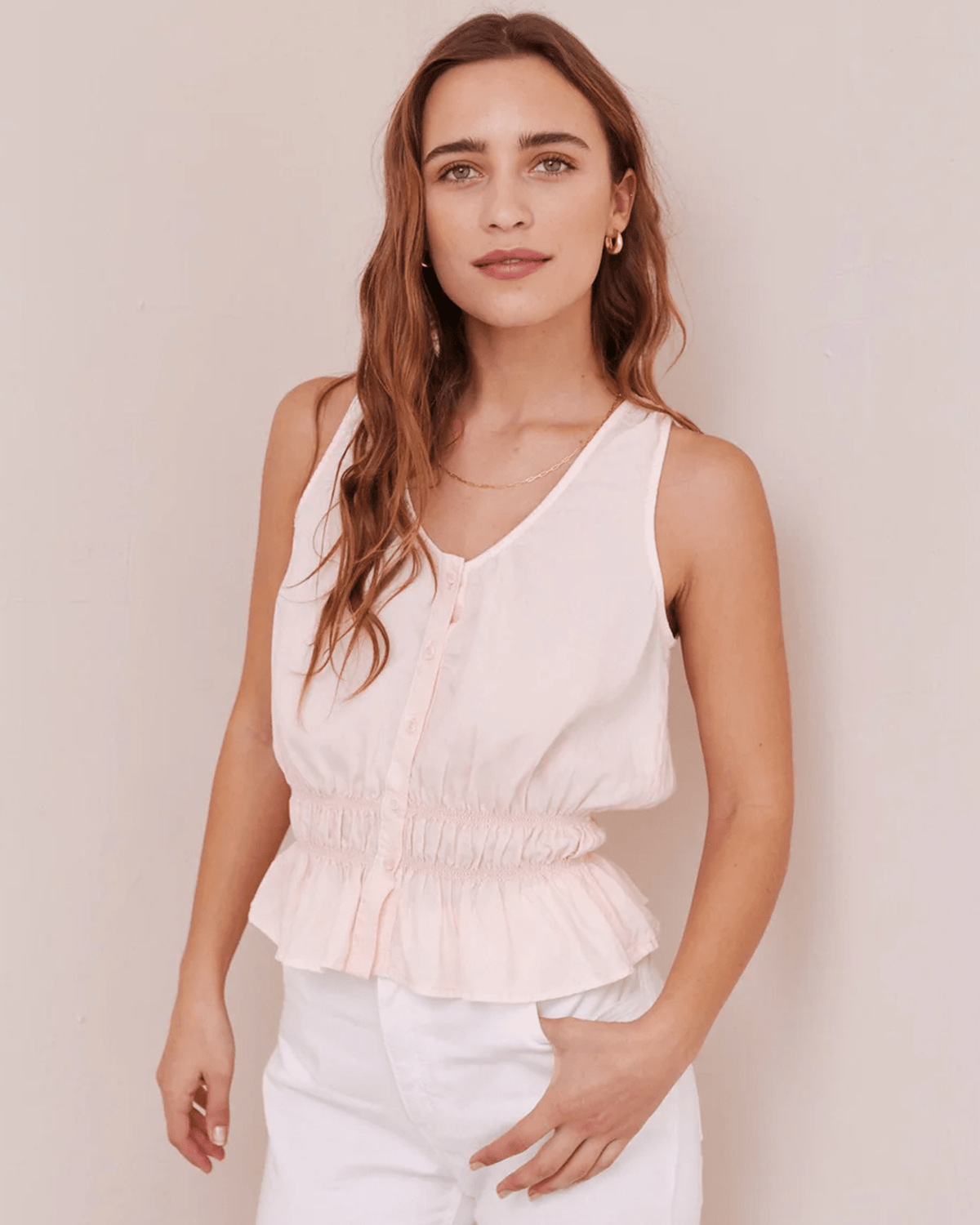 Bella Dahl Clothing Button Front Shirred Tank in Pink Blossom