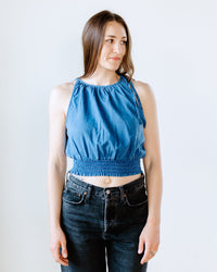 Bella Dahl Clothing Smocked Waist Tie Neck Top in Spring Navy
