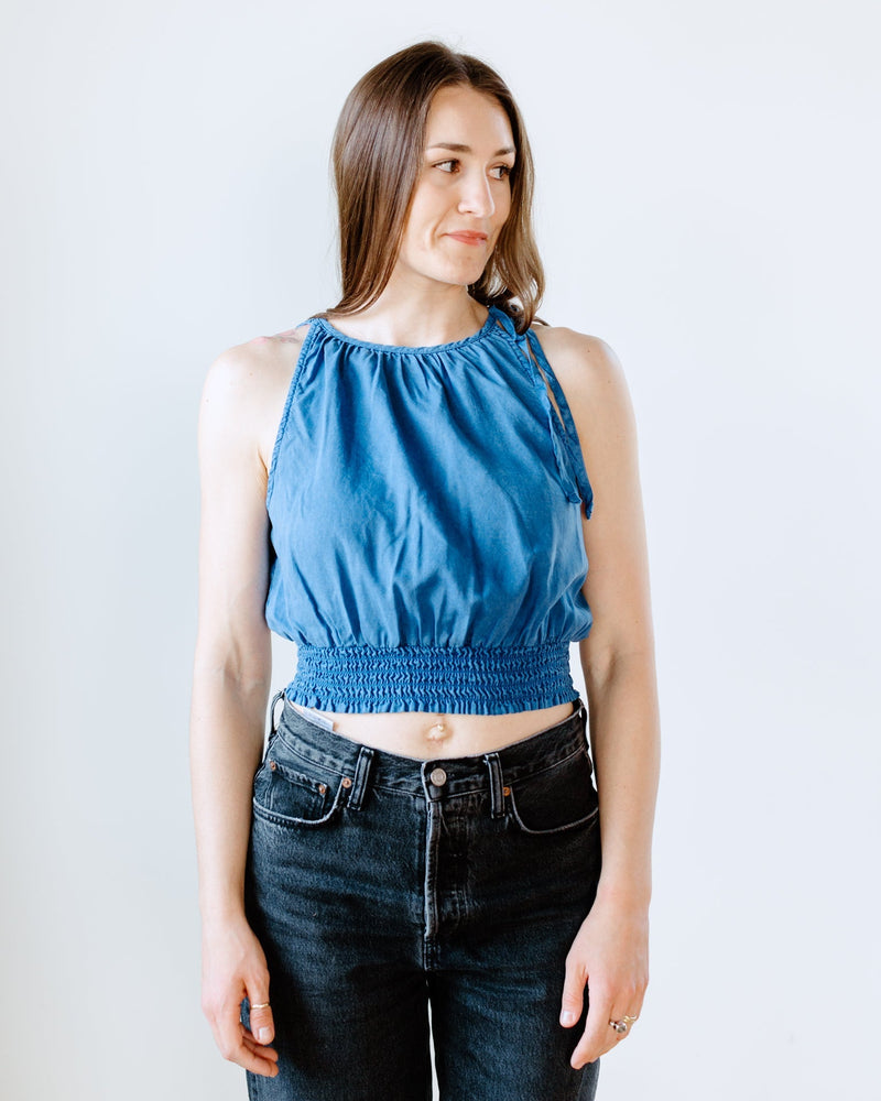 Bella Dahl Clothing Smocked Waist Tie Neck Top in Spring Navy