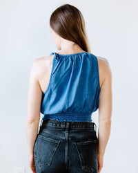 Bella Dahl Clothing Smocked Waist Tie Neck Top in Spring Navy