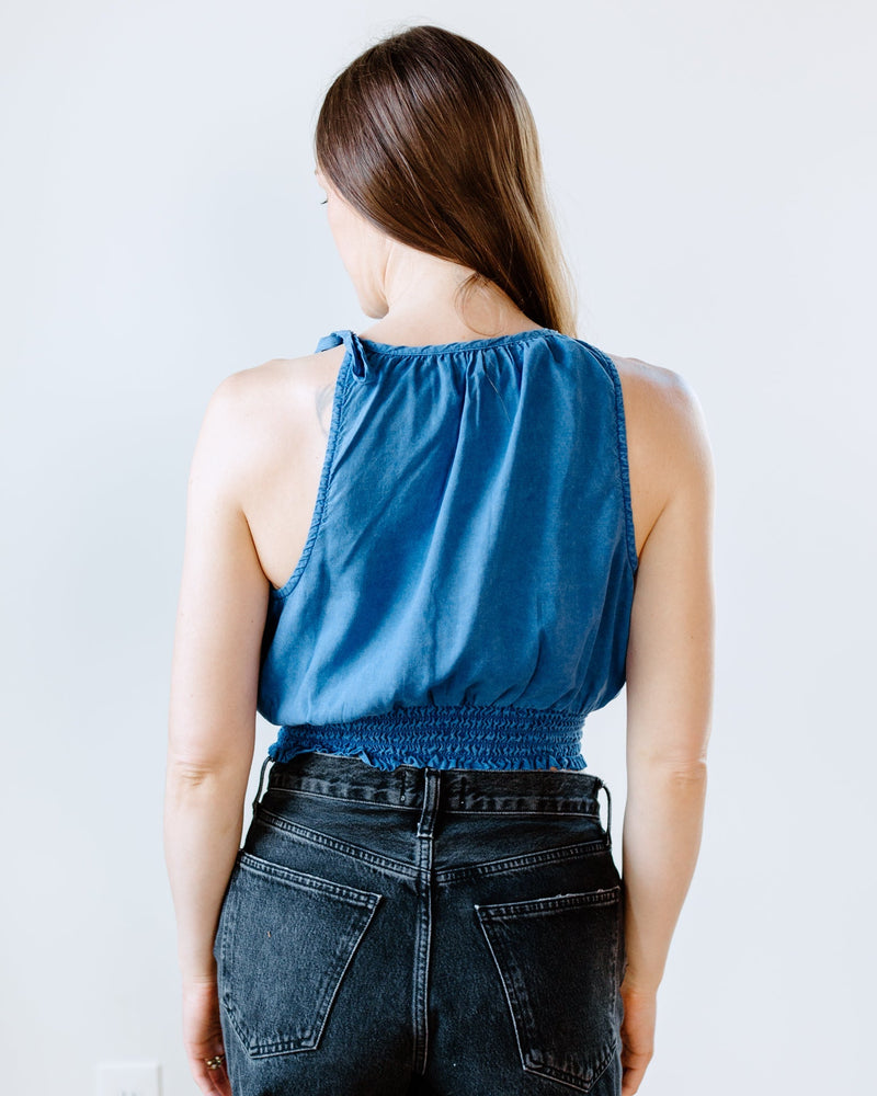 Bella Dahl Clothing Smocked Waist Tie Neck Top in Spring Navy