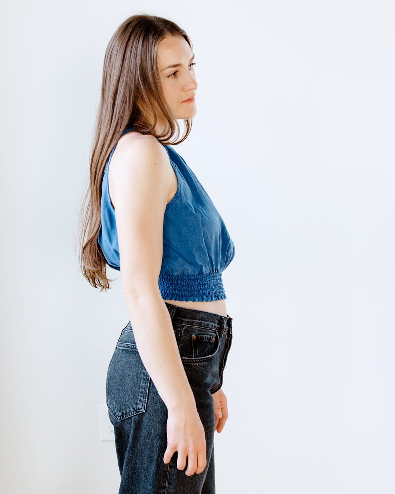 Bella Dahl Clothing Smocked Waist Tie Neck Top in Spring Navy