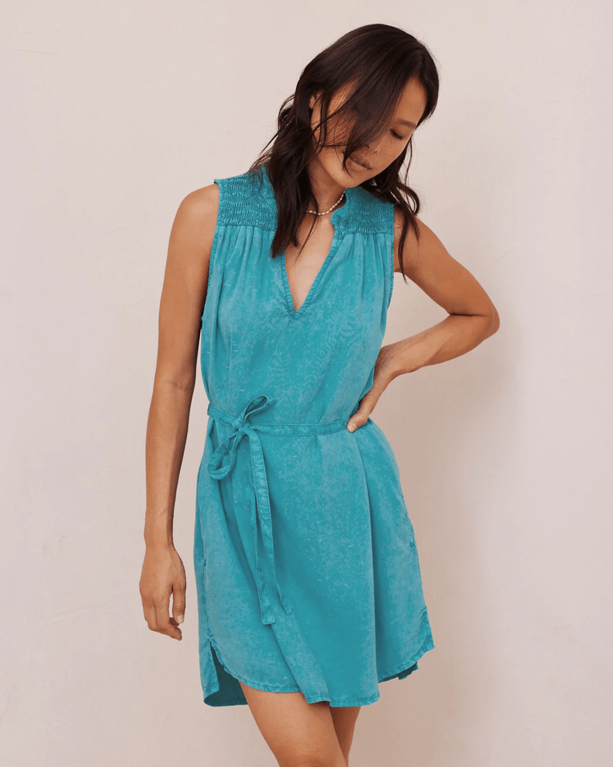 Bella Dahl Clothing Smocked Yoke Mini Dress in Tropical Teal